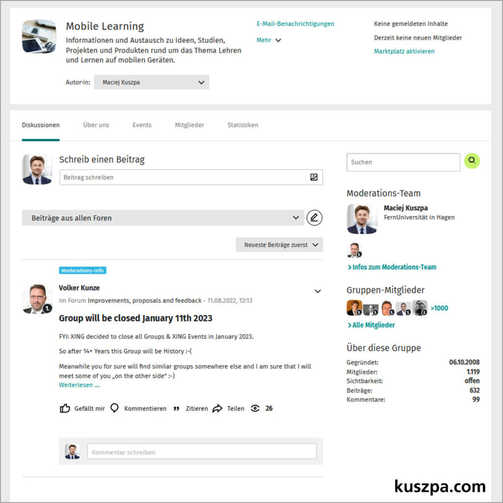 Screenshot der XING Gruppe Mobile Learning