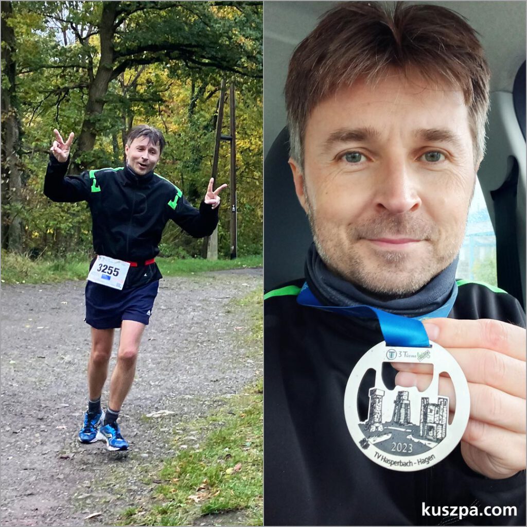 Der Drei Türme Traillauf in Hagen-Haspe und die Medaille.